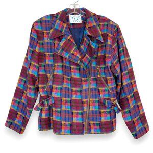 Vintage Doncaster Bomber Jacket Plaid Tweed Biker Punk Multicolor 80s 90s Large